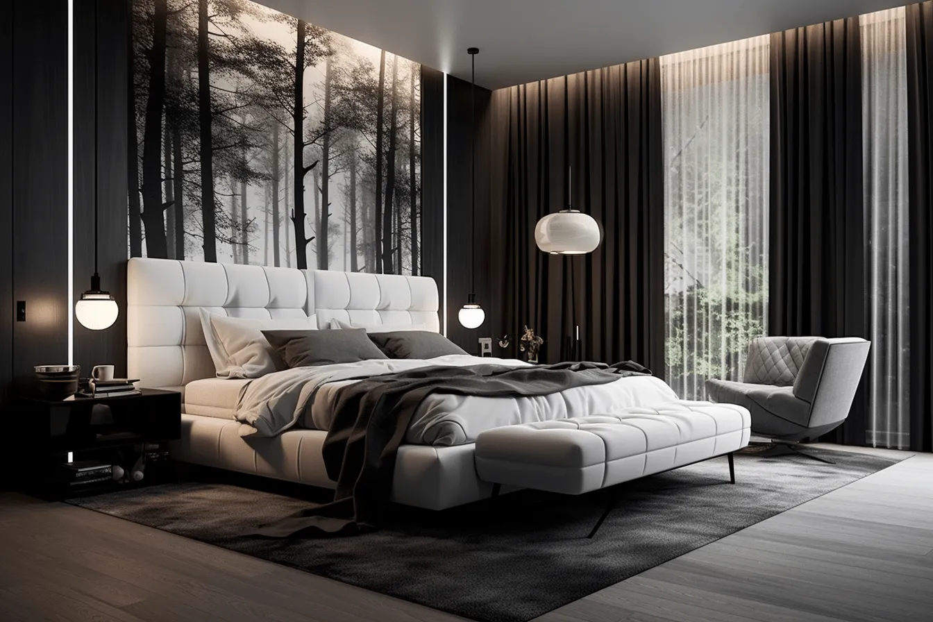 Modern bedroom decorated with black and white furniture, atmospheric woodland imagery, 8k 3d, layered translucency, moody color schemes, luxurious drapery, emphasis on nature, luminous colors