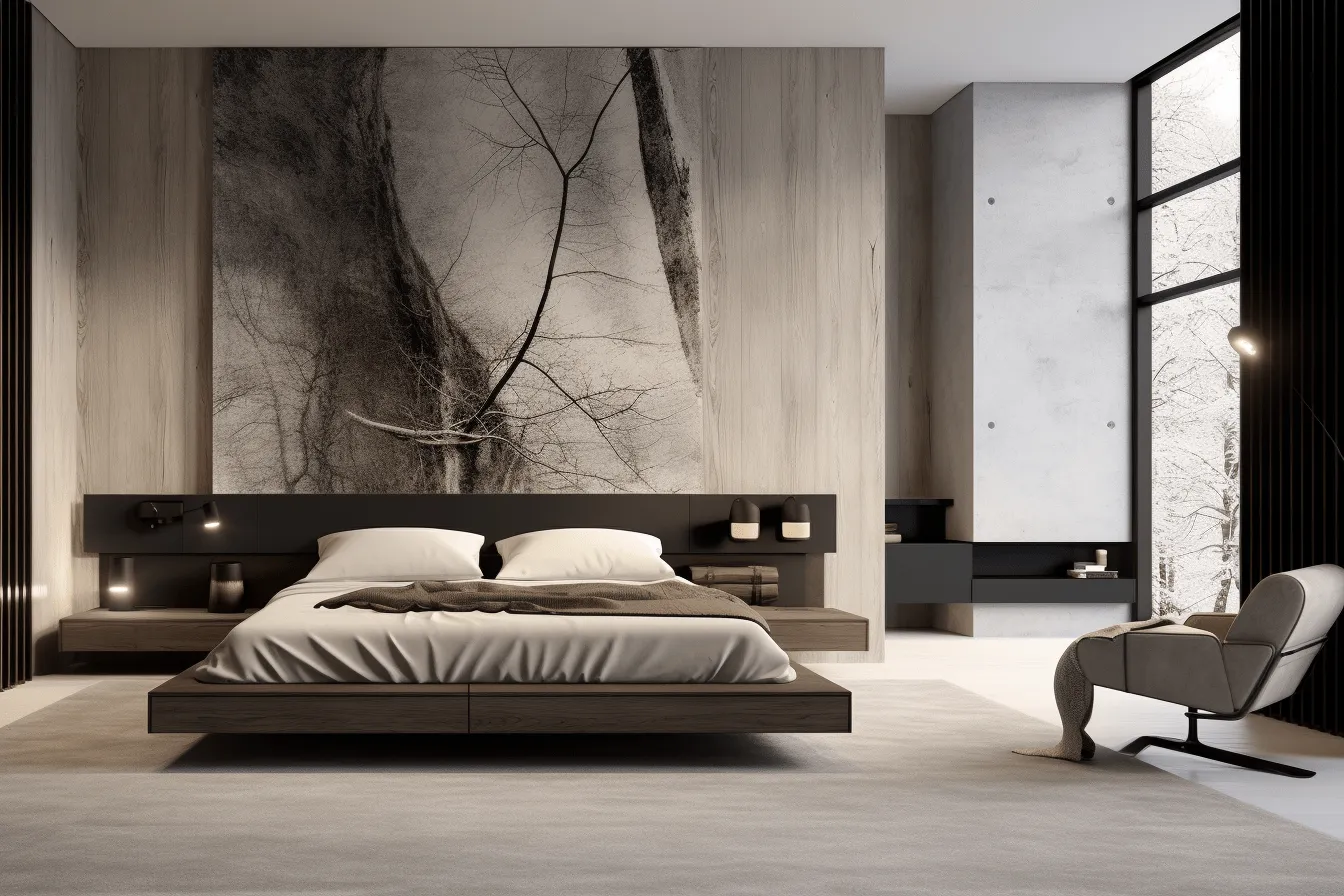 Beautiful bed and ceiling in a very modern bedroom with black walls, lights and artwork, naturalistic landscape backgrounds, dark beige and gray, conceptual minimalism, sophisticated woodblock, large canvas sizes, monochromatic, naturalistic yet surreal