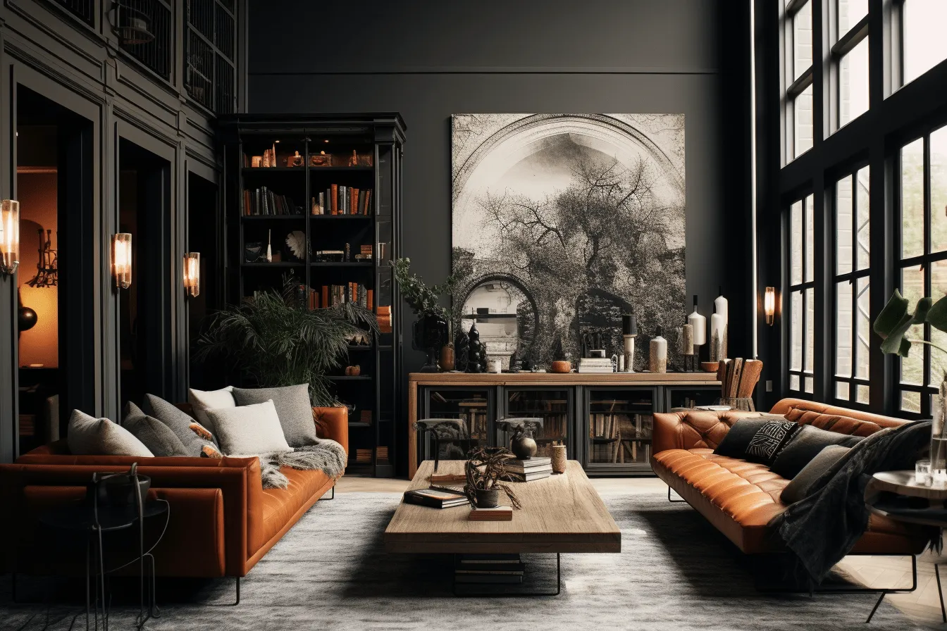 Room designed industrial loft, dark, moody landscapes, dark orange and black, detailed nature depictions, dissected books, fine lines and intricate details, monochromatic, living materials