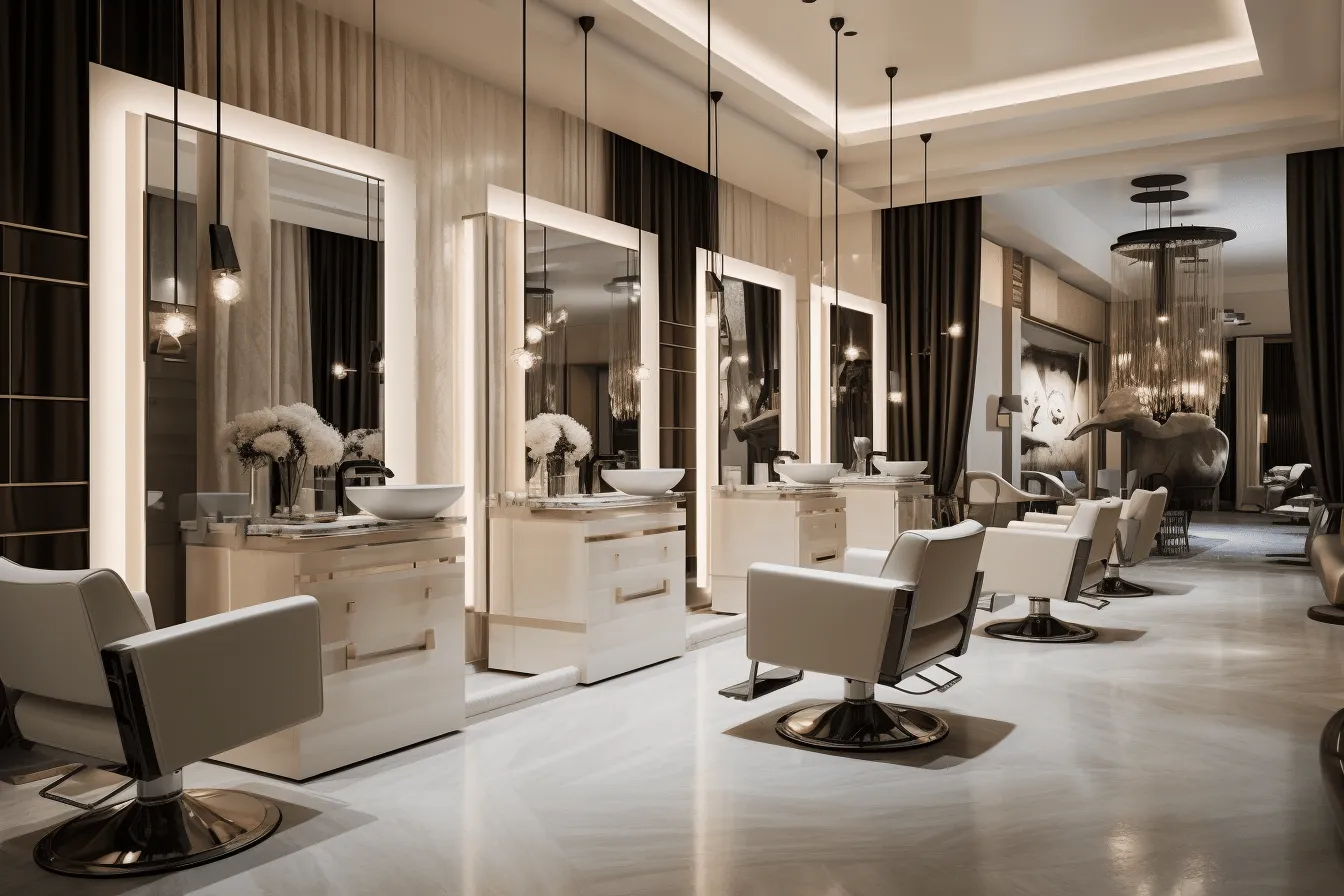 Modern hair salon decorated with shiny furniture, photorealistic renderings, dark white and beige, neoclassical clarity, timeless beauty, subtle lighting, mirrored, flowing lines