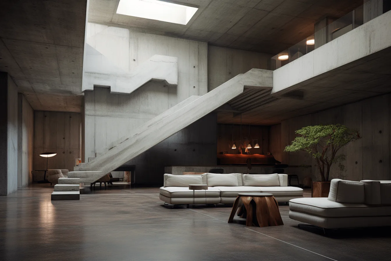 Empty living room with a staircase and couches, industrial brutalist, vray tracing, use of traditional japanese artistic techniques, neo-concrete, unreal engine, luxurious, wood