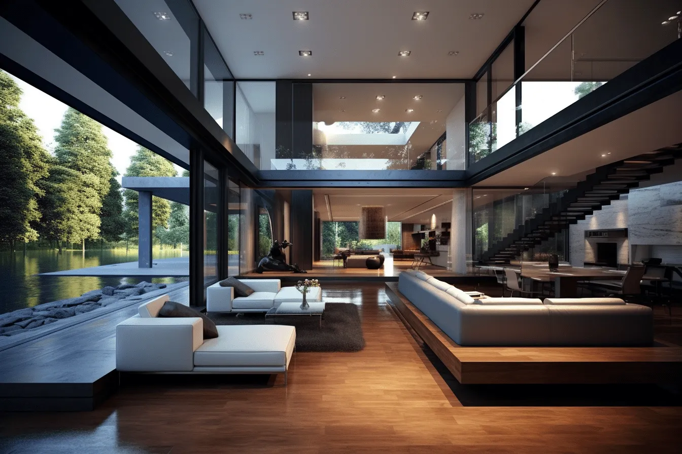 Modern house interior 3d comomos, dark reflections, i can't believe how beautiful this is, richly layered, secluded settings, clean-lined, dark navy and light brown, clear edge definition