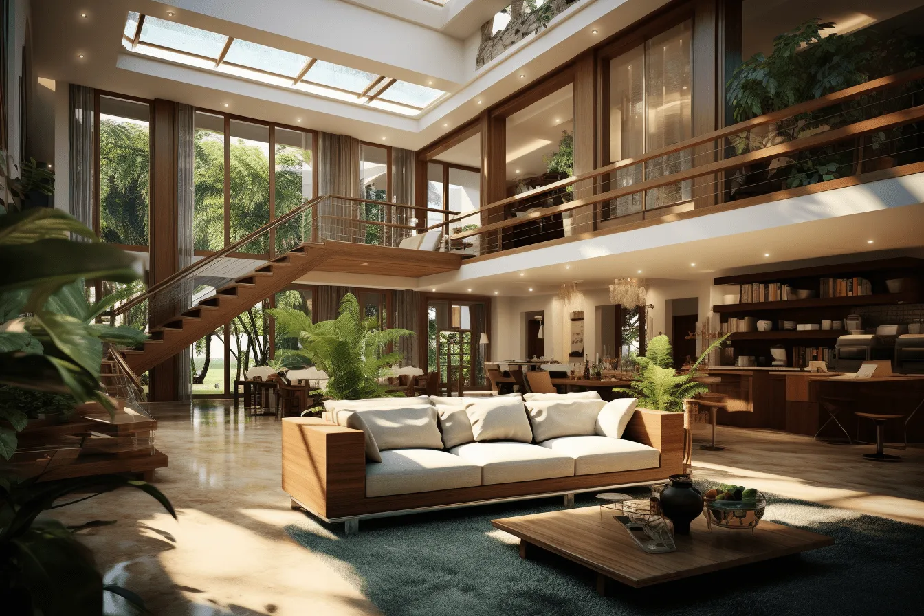Large living room with a modern style loft, tropical landscapes, intricate woodwork, tranquil gardenscapes, opacity and translucency, weathercore, intense and dramatic lighting, intensely detailed