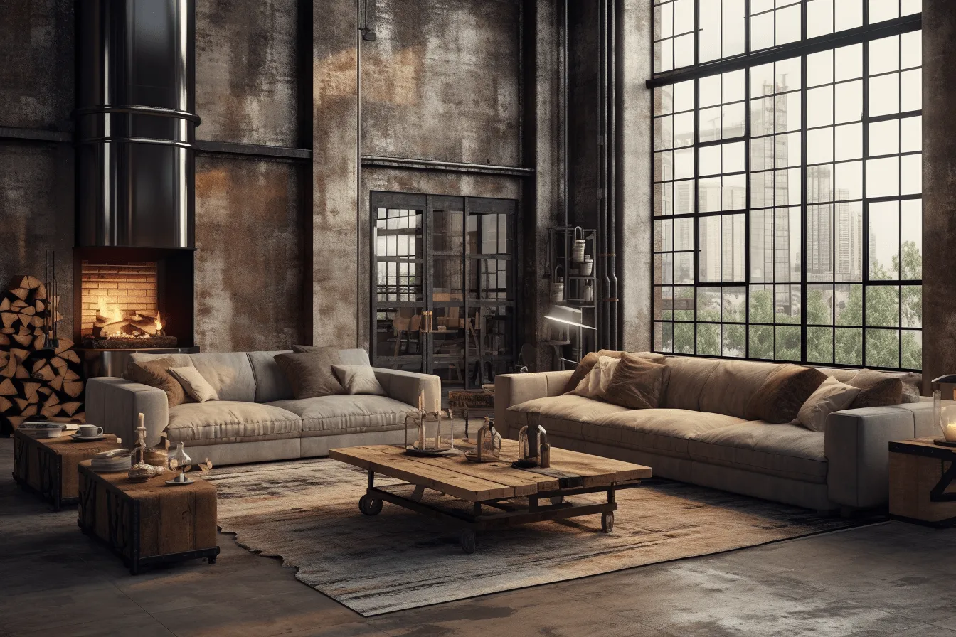 Industrial living room furniture  beautiful industrial industrial living room wall design ideas, vray tracing, mimicking ruined materials, dark beige and amber, uhd image, misty atmosphere, glazed surfaces, romanticized views