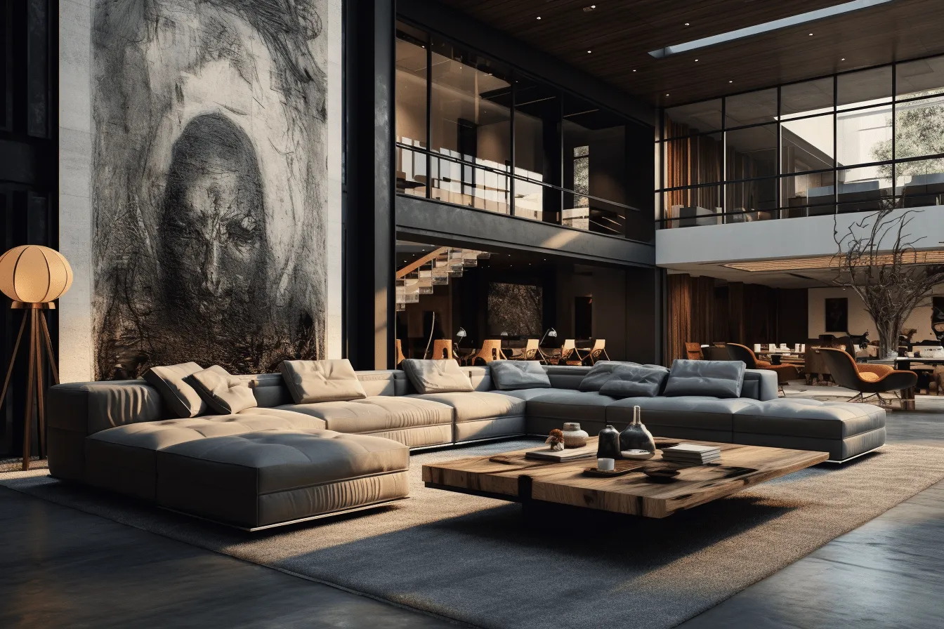 Modern living room with a large painting, unreal engine 5, wealthy portraiture, dark palette chiaroscuro, organic stone carvings, multi-layered, industrial, atmospheric scenes