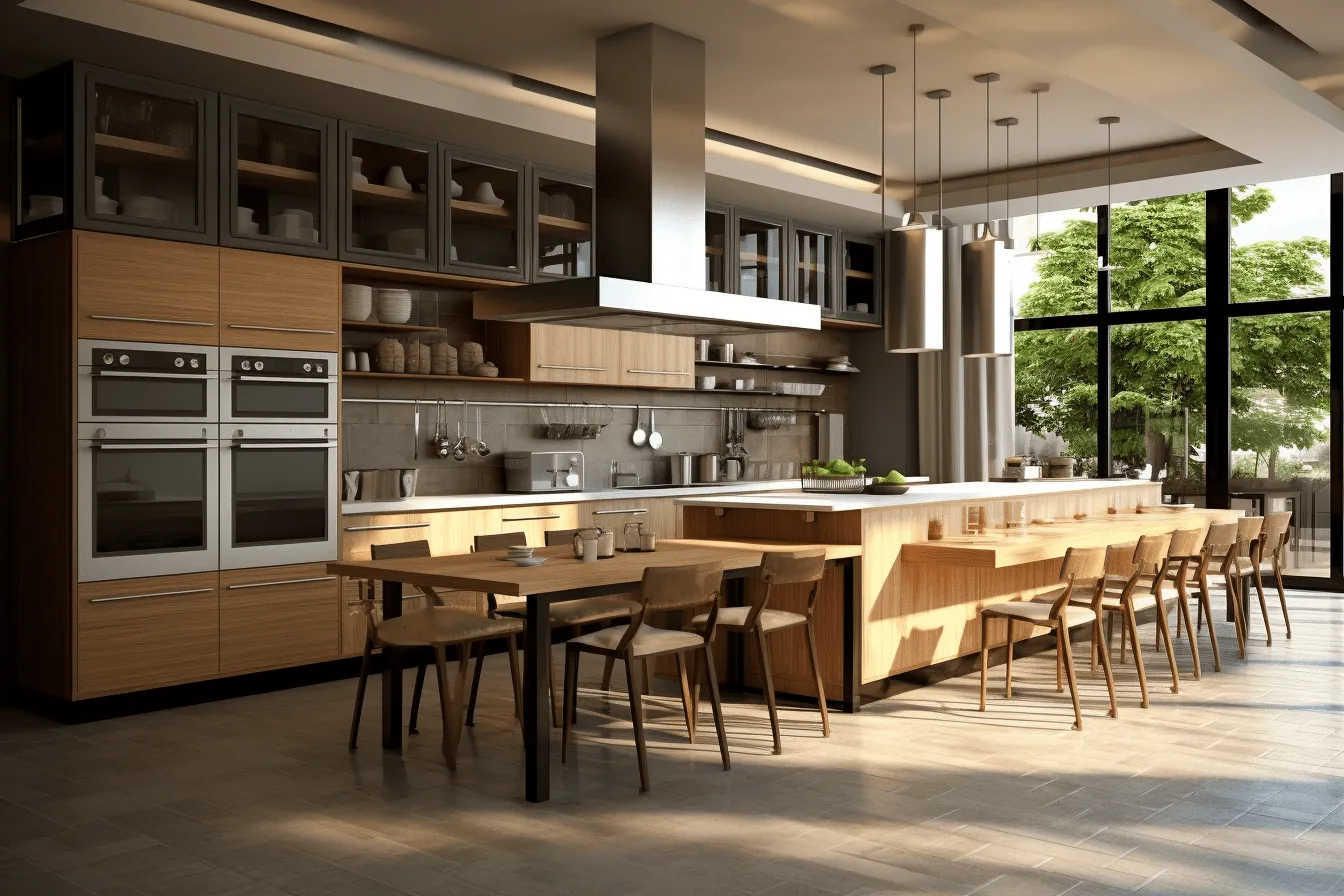 Modern kitchen with high ceilings and lots of wood cabinets inset with stone, daz3d, expansive, vignetting, 32k uhd, modern urban, glass as material, barbizon school