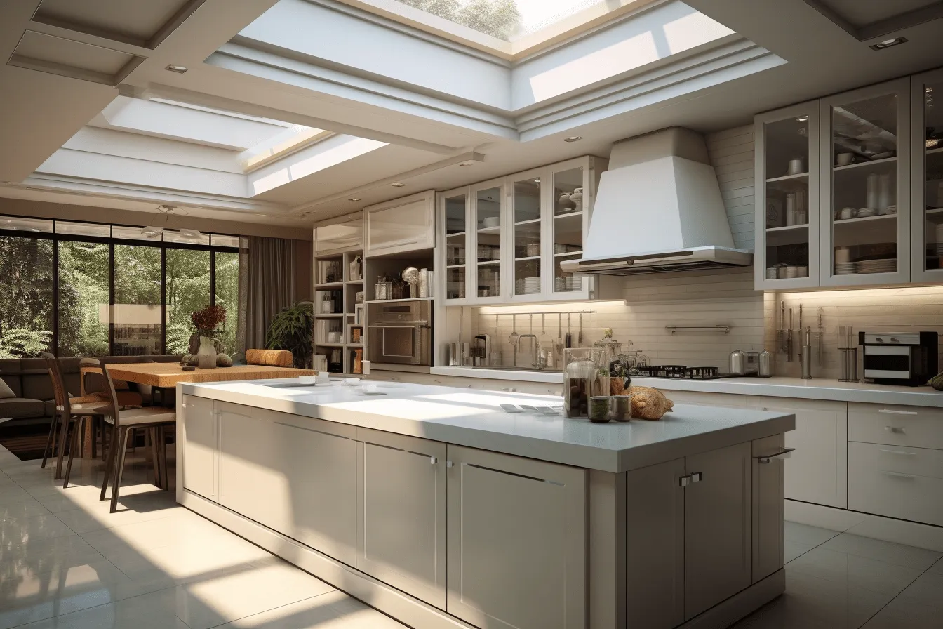 Modern kitchen with skylights and a center island, realistic landscapes with soft, tonal colors, ray tracing, old-world charm, layered translucency, 20th century scandinavian style, atmospheric lighting, rim light
