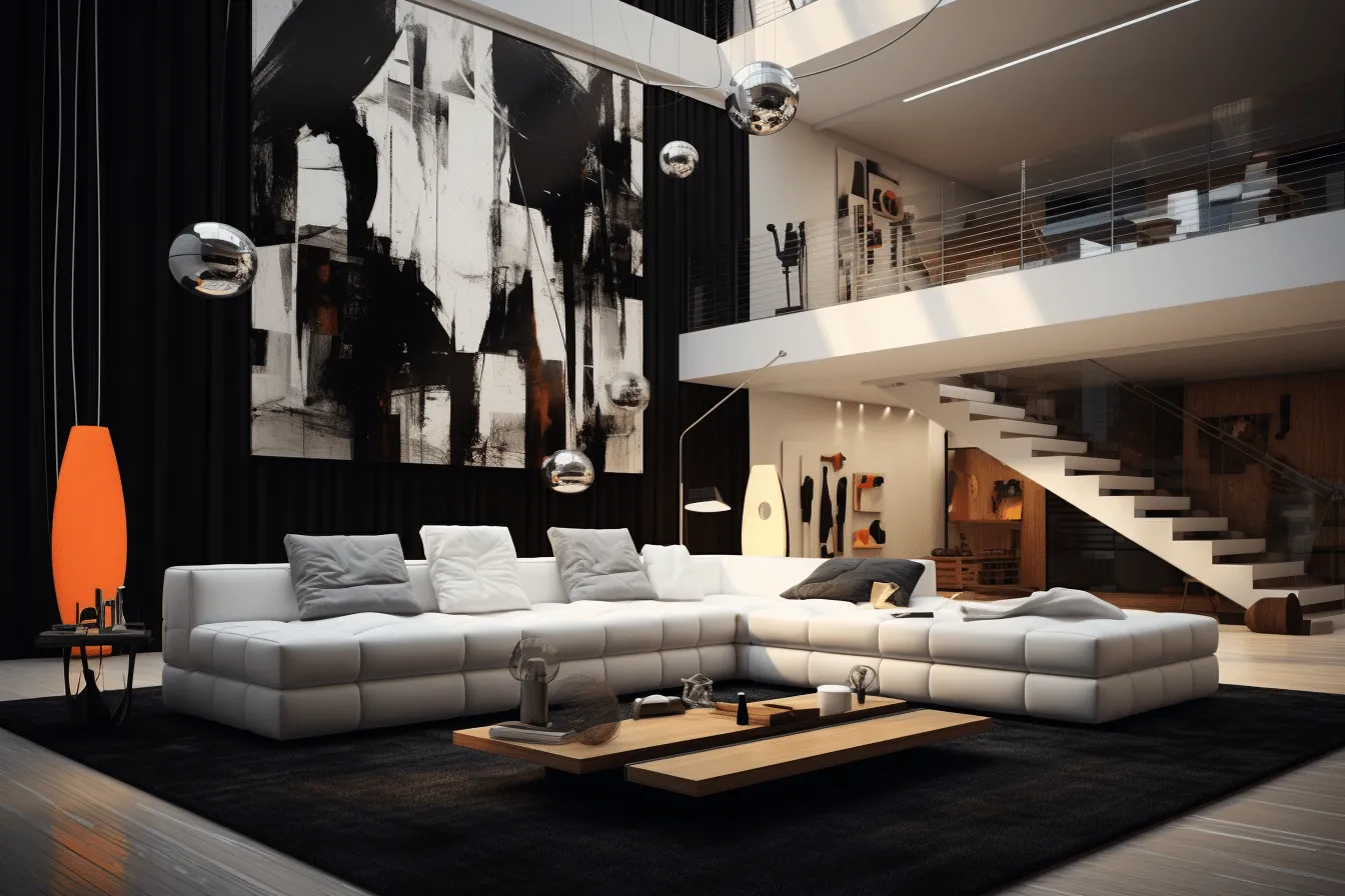 Living room with an amazing large picture hanging over sofa, postmodern architecture and design, dark white and dark silver, global illumination, elaborate, bauhaus, multilayered, luxurious