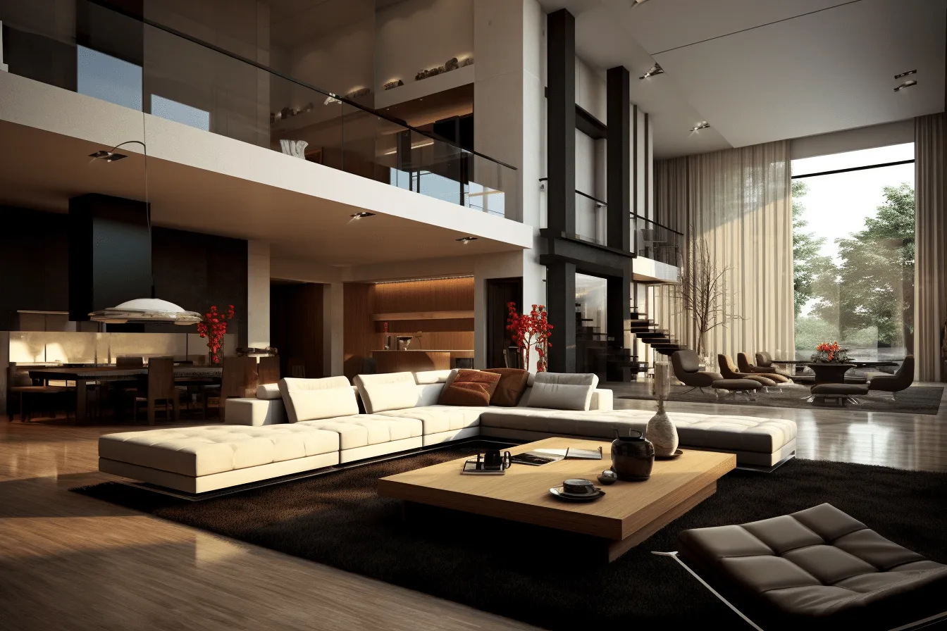 Modern living room, fine and detailed, multilayered, realistic hyper-detailed rendering