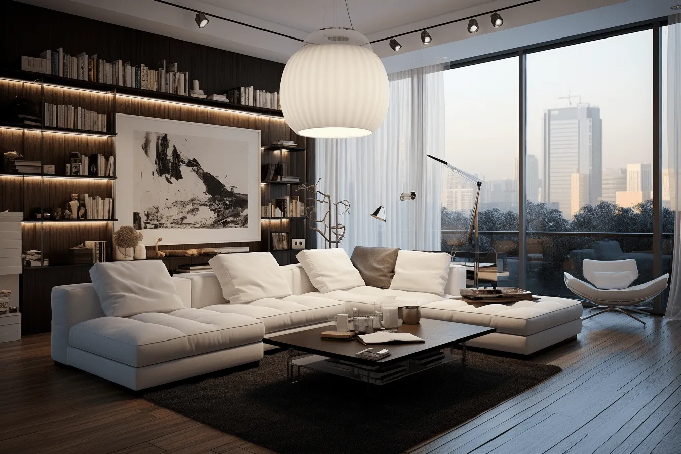Modern living room interior design, captivatingly atmospheric cityscapes, dark white, oversized objects, harmony with nature, sepia tone, richly layered, layered translucency