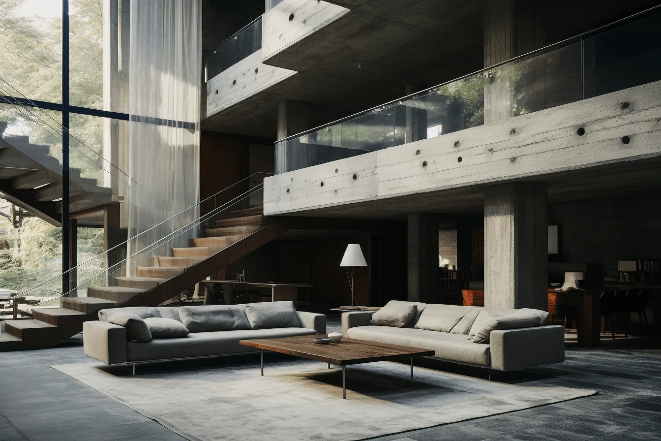 Modern residential building interior with modern furniture and stairs, unreal engine 5, concrete brutalism, daz3d, muted, earthy tones, 32k uhd, lively tableaus, rich and tonal