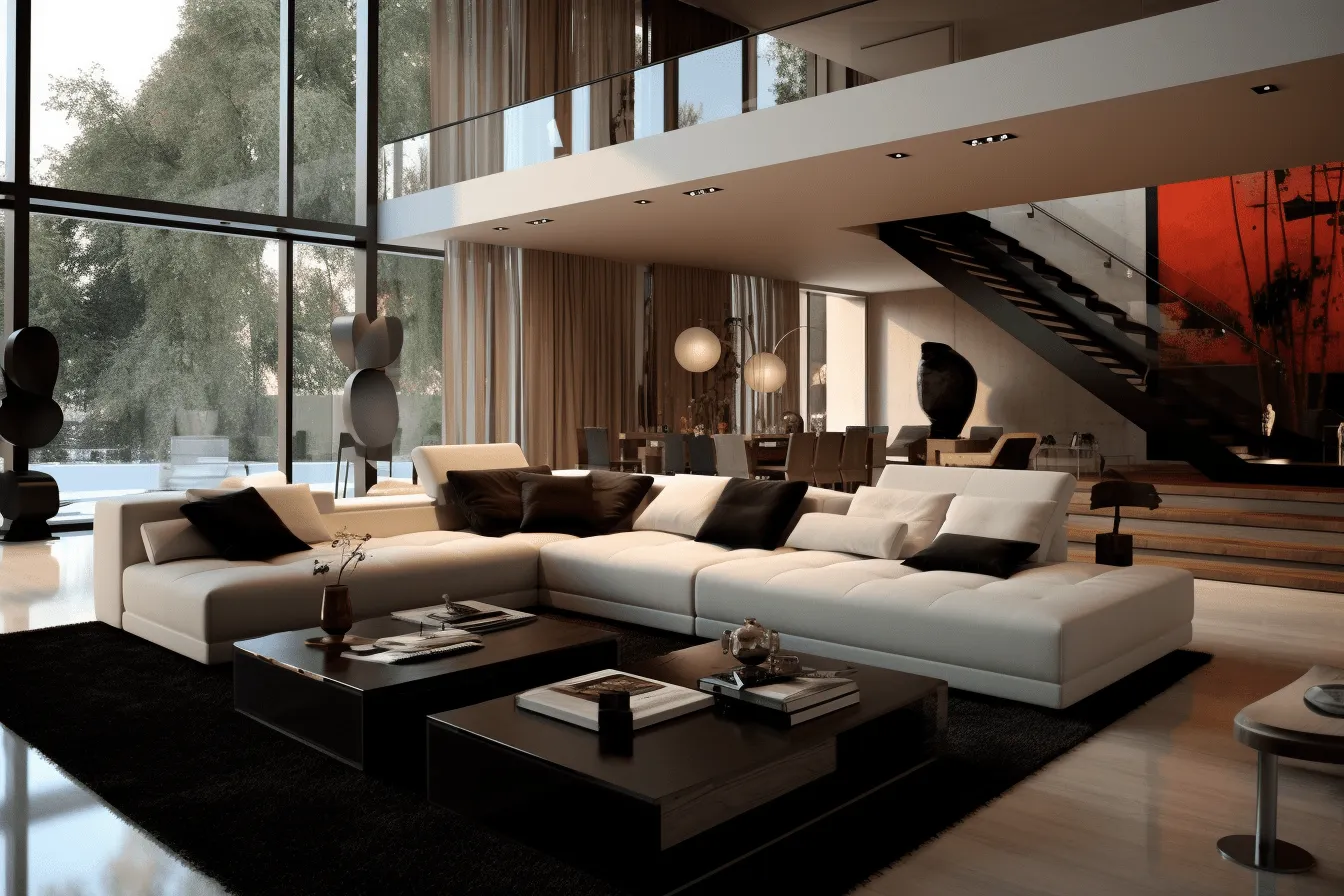 Room in style, cinematic elegance, dark brown and white, dark white and dark beige