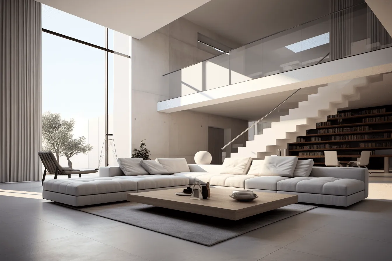 Modern living room with couches and white table, atmospheric serenity, dreamlike architecture, 8k resolution, dark beige and silver, modernist architecture, contemporary glass, spot metering
