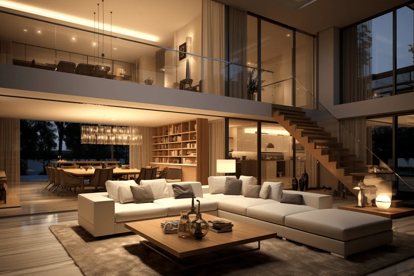 Modern living room with a staircase, atmospheric lighting, expansive, richly layered, luxurious, cabincore, detailed, strong lighting contrasts