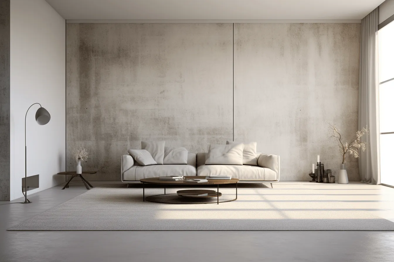 Living room in the trendy loft apartment, minimalist ink wash, light beige, concrete brutalism, photorealistic rendering, white and bronze, high quality photo, tranquil serenity