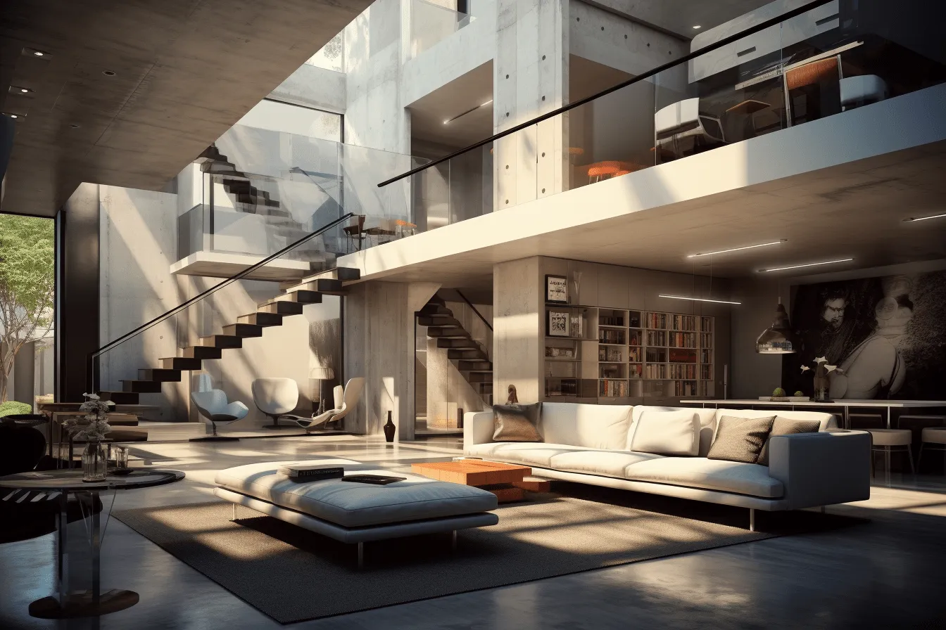 Very modern and contemporary living room, rendered in unreal engine, dreamlike architecture, backlight, depth of layers, bauhaus, design/architecture study, natural light