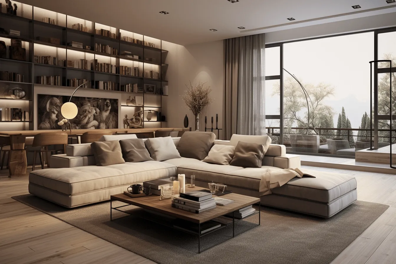 Modern apartment design with brown and light colored interior, subtle atmospheric perspective, maximalism, monochromatic color scheme, realistic hyper-detail, beige, skillful lighting, solarizing master