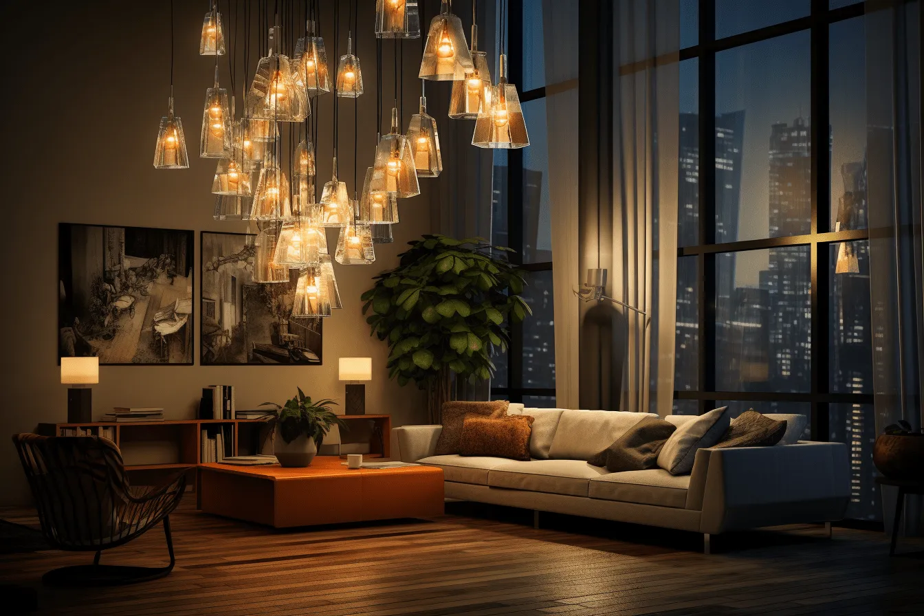 Living room is full of people and lights, photorealistic rendering, dark amber and silver, uhd image, urban energy, suspended/hanging, glass as material, thick texture