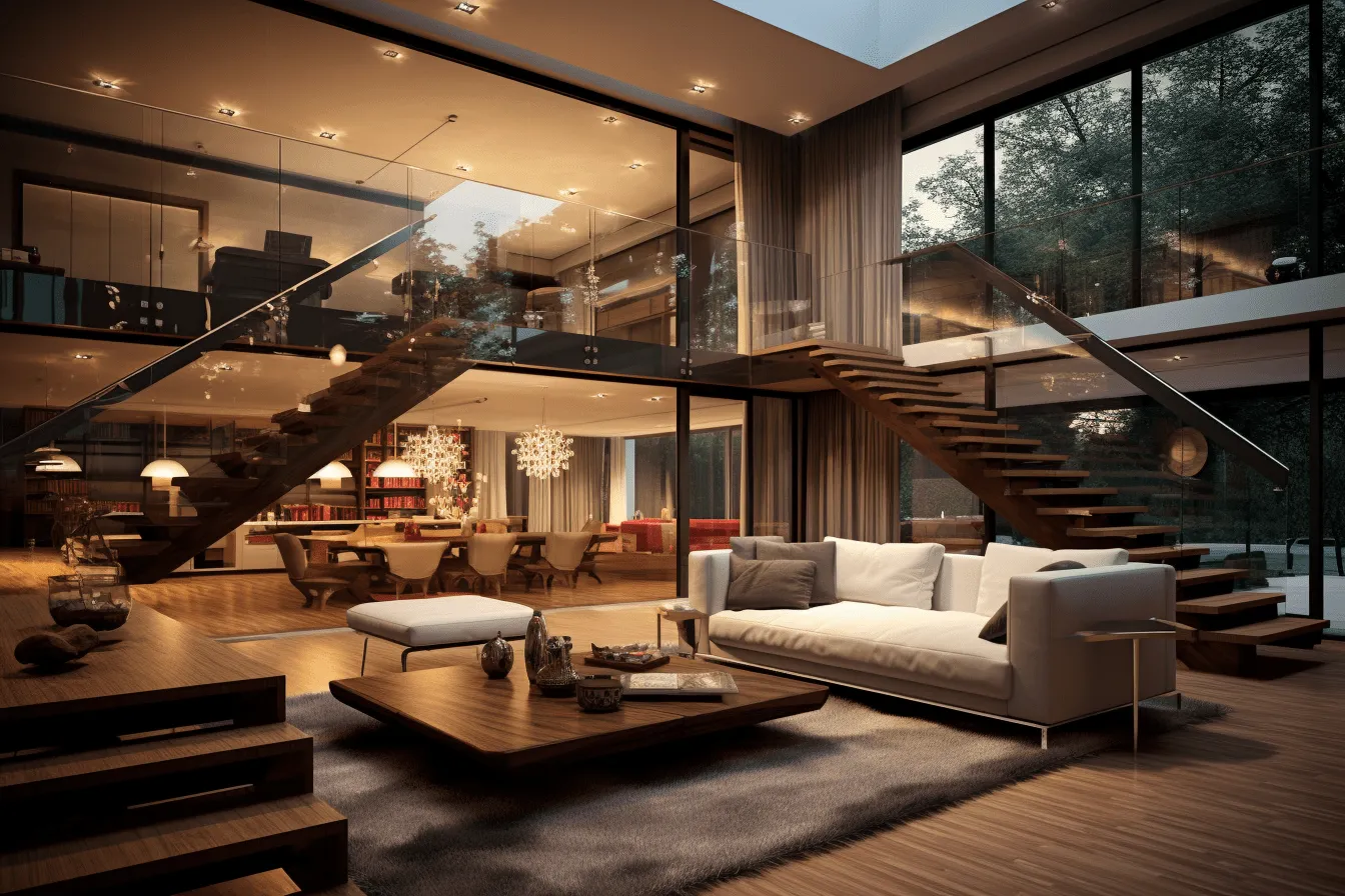 Image of a living room with windows,, vray tracing, multilayered dimensions, dark amber and silver, fine lines and intricate details, captures the essence of nature, bold structural designs, wood