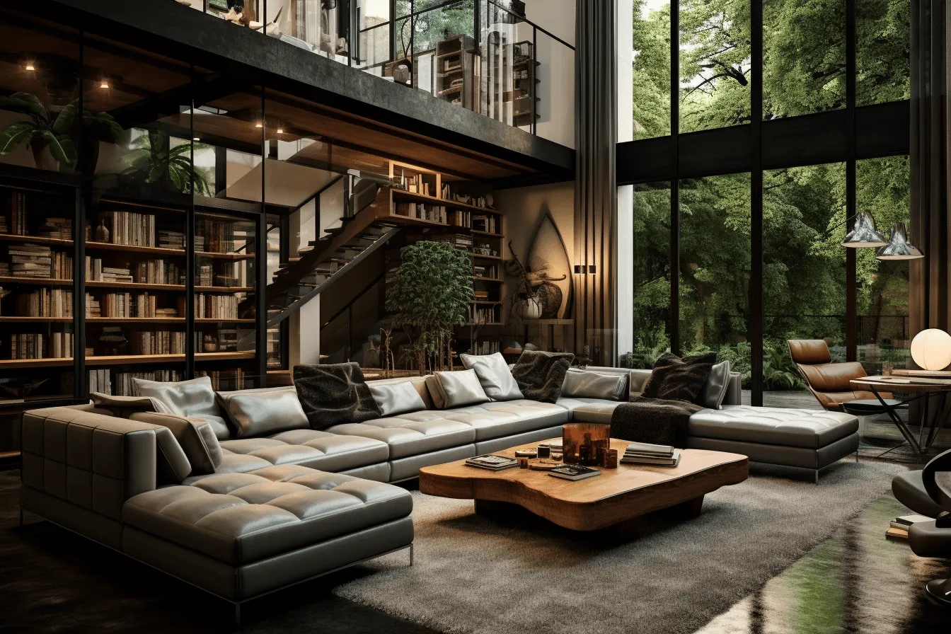 Elegant living room with  brick walls and an open floor plan, mysterious jungle, vray tracing, expansive landscapes, glazed surfaces, wood, meticulously detailed, multi-layered