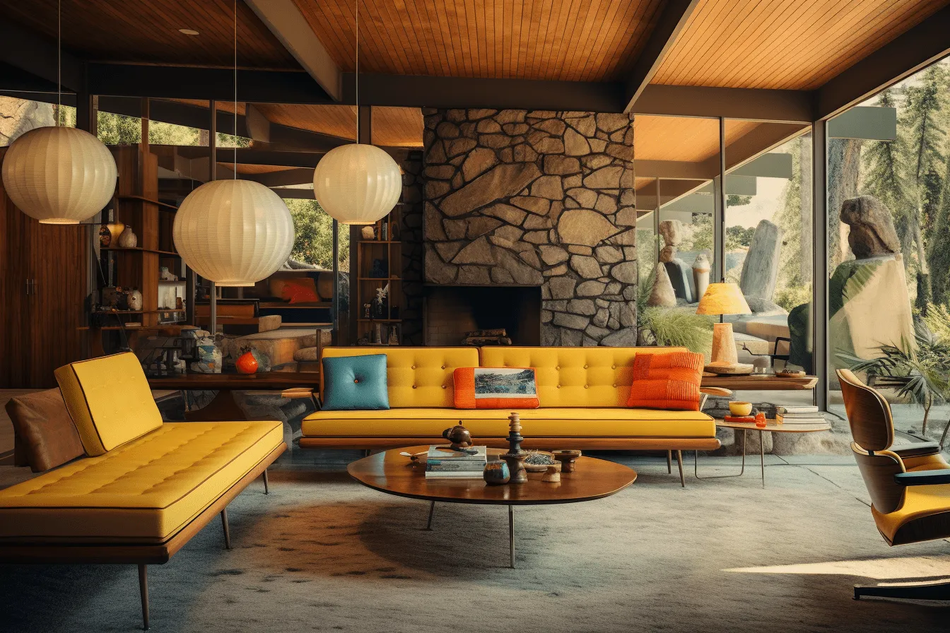 Modern living room with yellow couches, atomic era, vibrant, exaggerated scenes, american tonalist, sketchfab, midcentury modern, grandeur of scale, tabletop photography