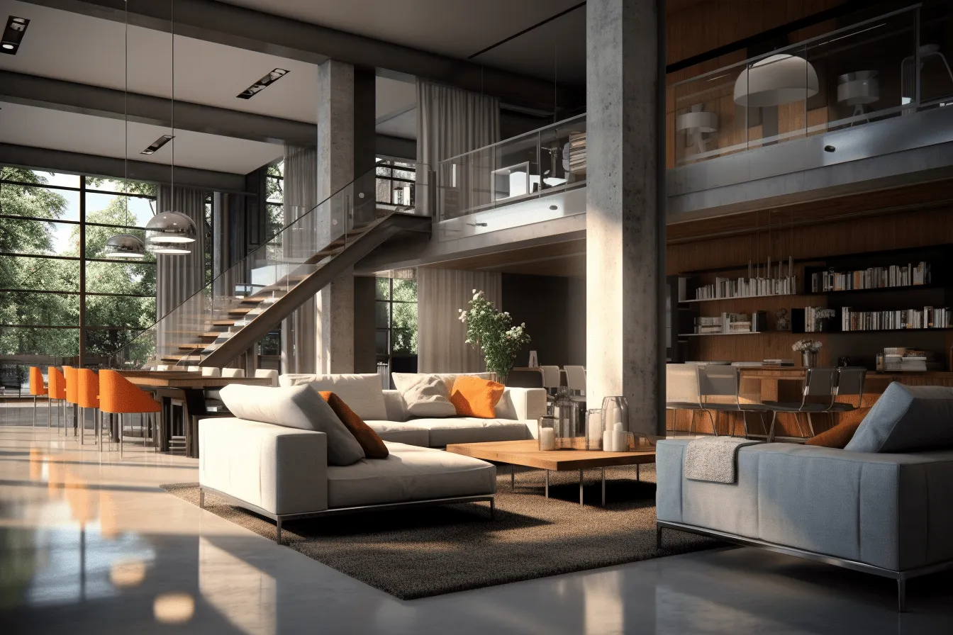 Large, open modern living room with stairs and glass windows, dark silver and light orange, vray tracing, industrial urban scenes, rustic scenes, exquisite craftsmanship, expressive textural quality, meticulously detailed