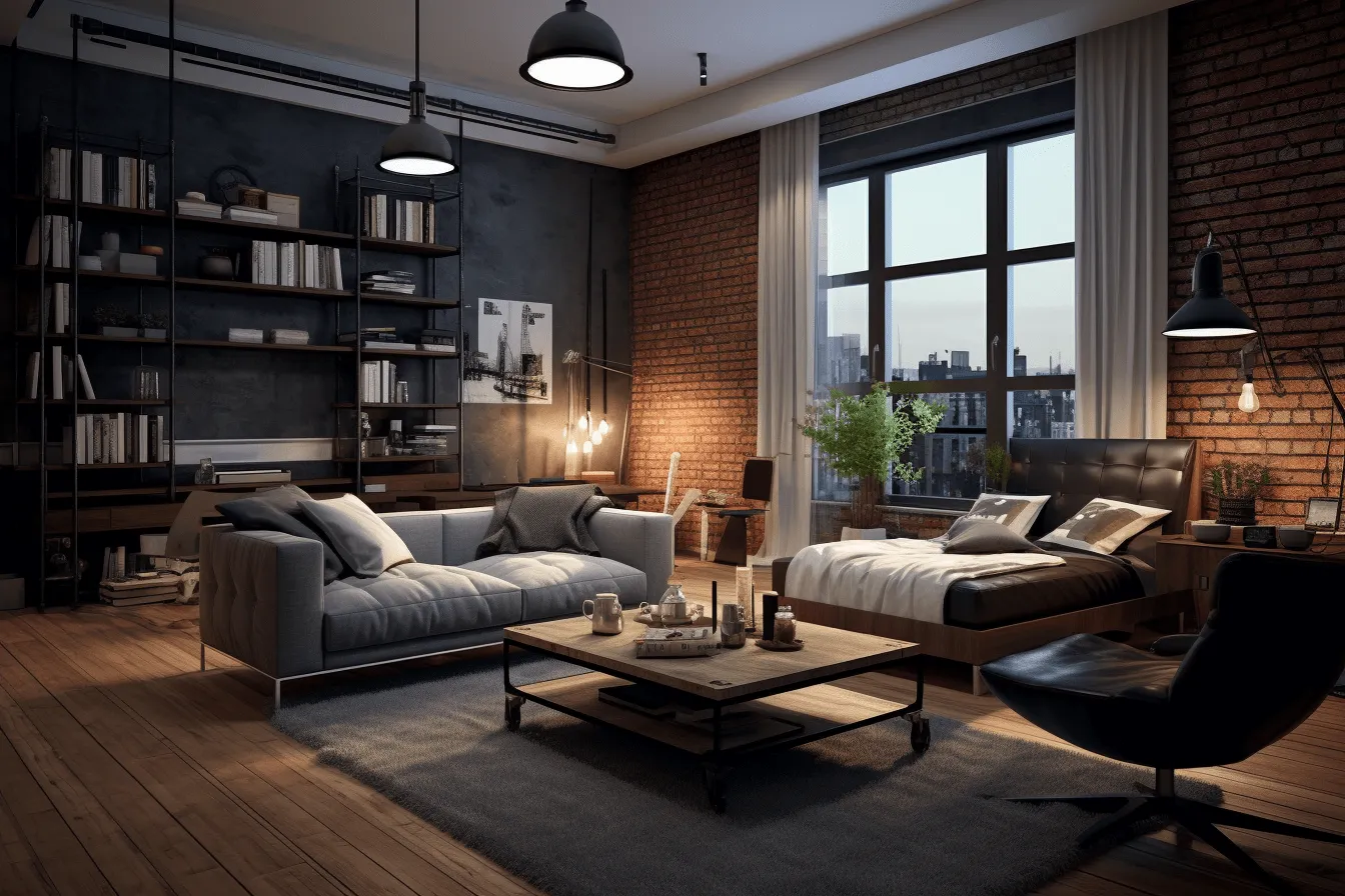 Modern loft style living room with brick walls and a coffee table, dark atmosphere, hyper-realistic atmospheres, hyper-realistic urban, dark gray and light black, solarizing master, loose paint application, made of wrought iron