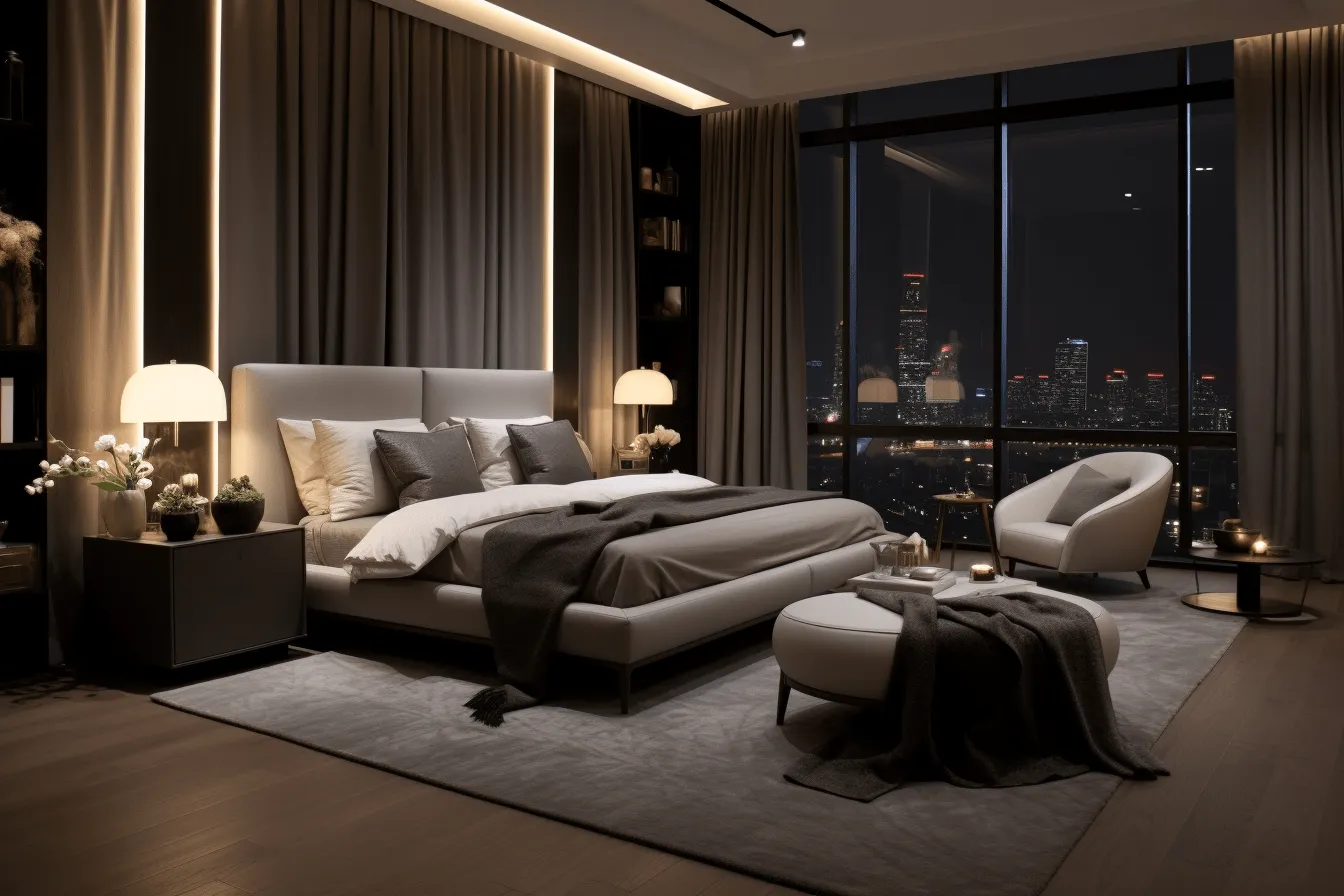 Modern luxury bedroom with high ceiling, bed, couches and bedside table, realistic chiaroscuro lighting, elegant cityscapes, dark white and beige, uhd image, atmospheric ambiance