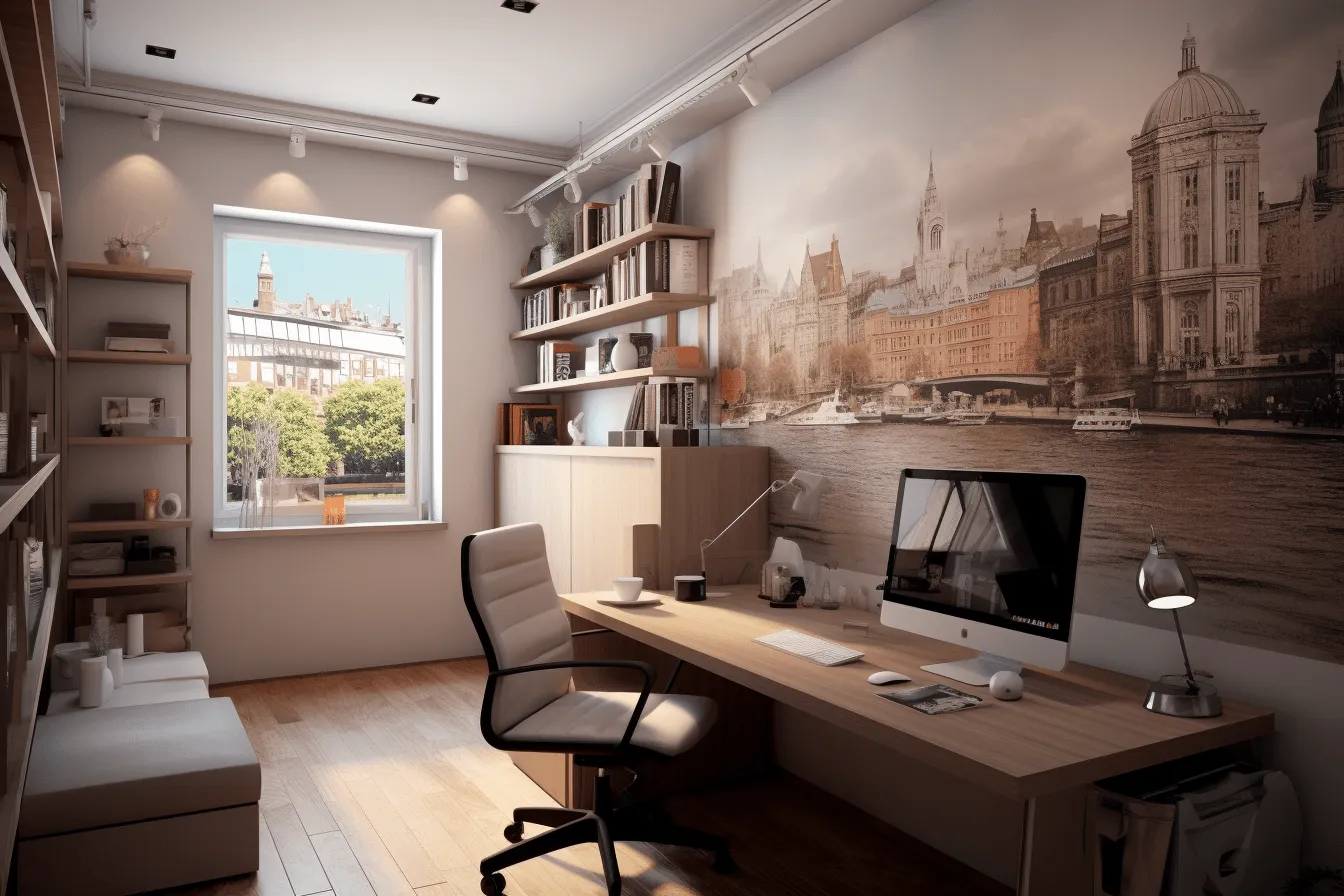 Home office with a bed and window, highly detailed cityscapes, large scale murals, 32k uhd, architectural illustrator, swiss style, use of earth tones, utilizes