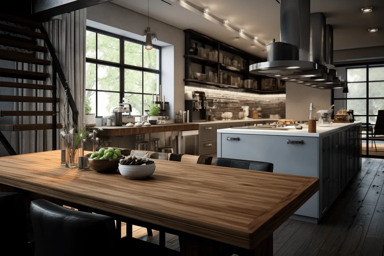 Modern modern kitchen with wood floors, daz3d, rustic scenes, urban industrialism, dark sky-blue and gray, 32k uhd, realistic rendering, light green and black