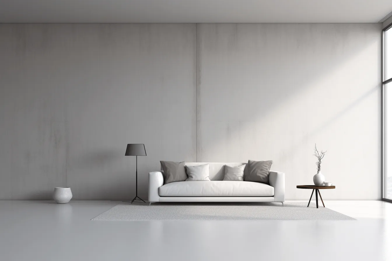Modern living space in white room with window, monochromatic minimalism, polished concrete, tranquil serenity, ghosting effect, monochromatic serenity, oriental minimalism, sketchfab