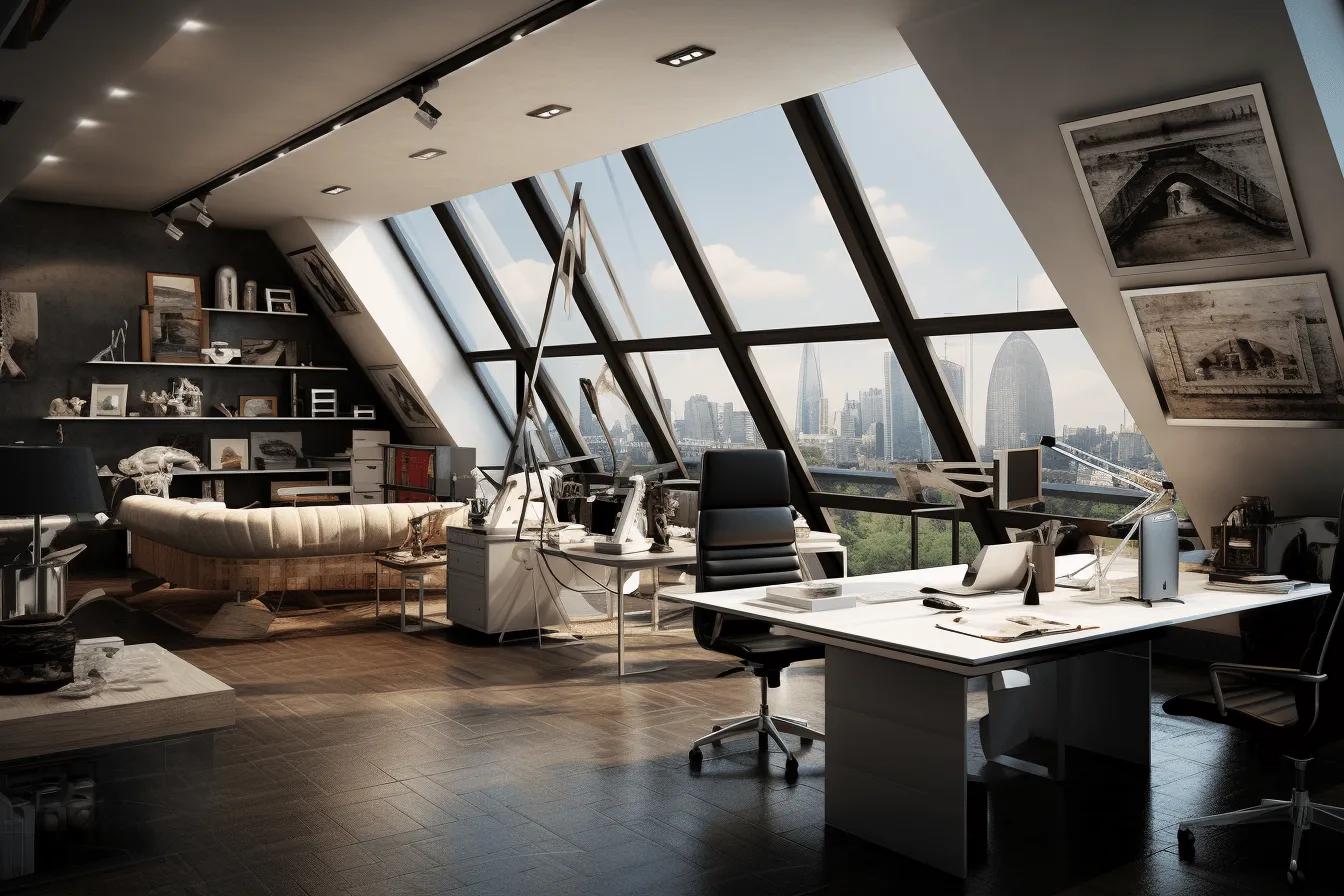 Window is to the left, high-tech futurism, studyplace, dark amber and white, dramatic vistas, deutscher werkbund, solarizing master, high quality