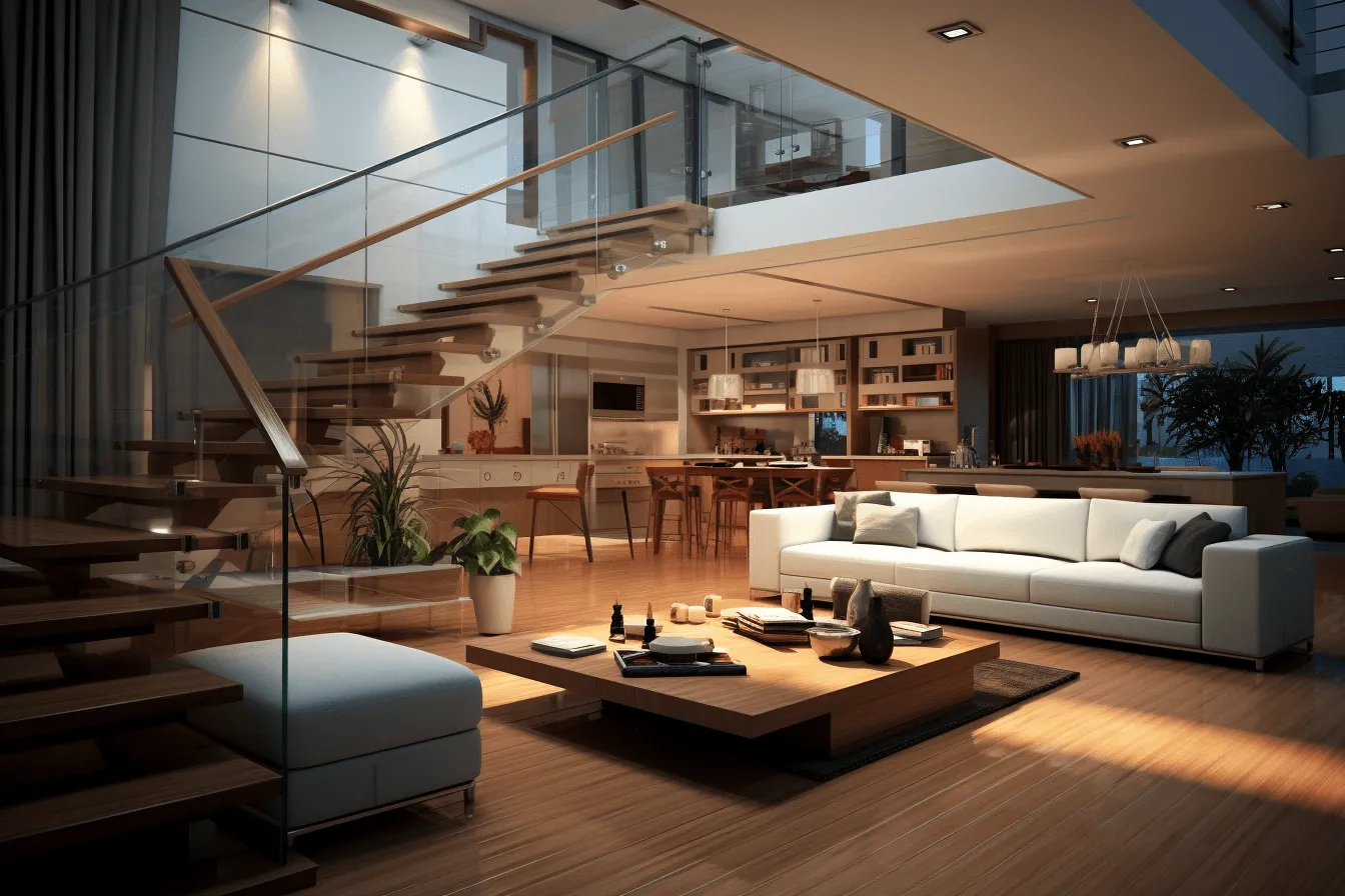 Living room with staircase, realistic lighting, intensely detailed, tranquil serenity, focus on joints/connections, urban environment, illuminated interiors, transparency