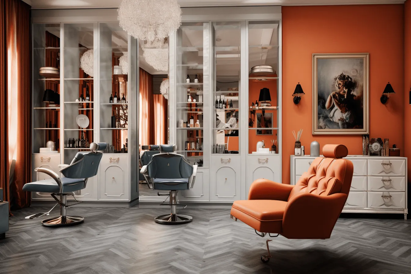 Modern hair salon in orange color with table chairs and chair, rococo-inspired, photobashing, moody atmosphere, cluj school, photorealistic pastiche, elegant, emotive faces, rich and immersive