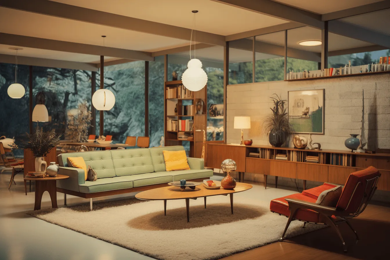 Living room has couches, mid-century illustration, unreal engine 5, green and amber, 8k resolution, vignetting, atomic era, light amber and amber