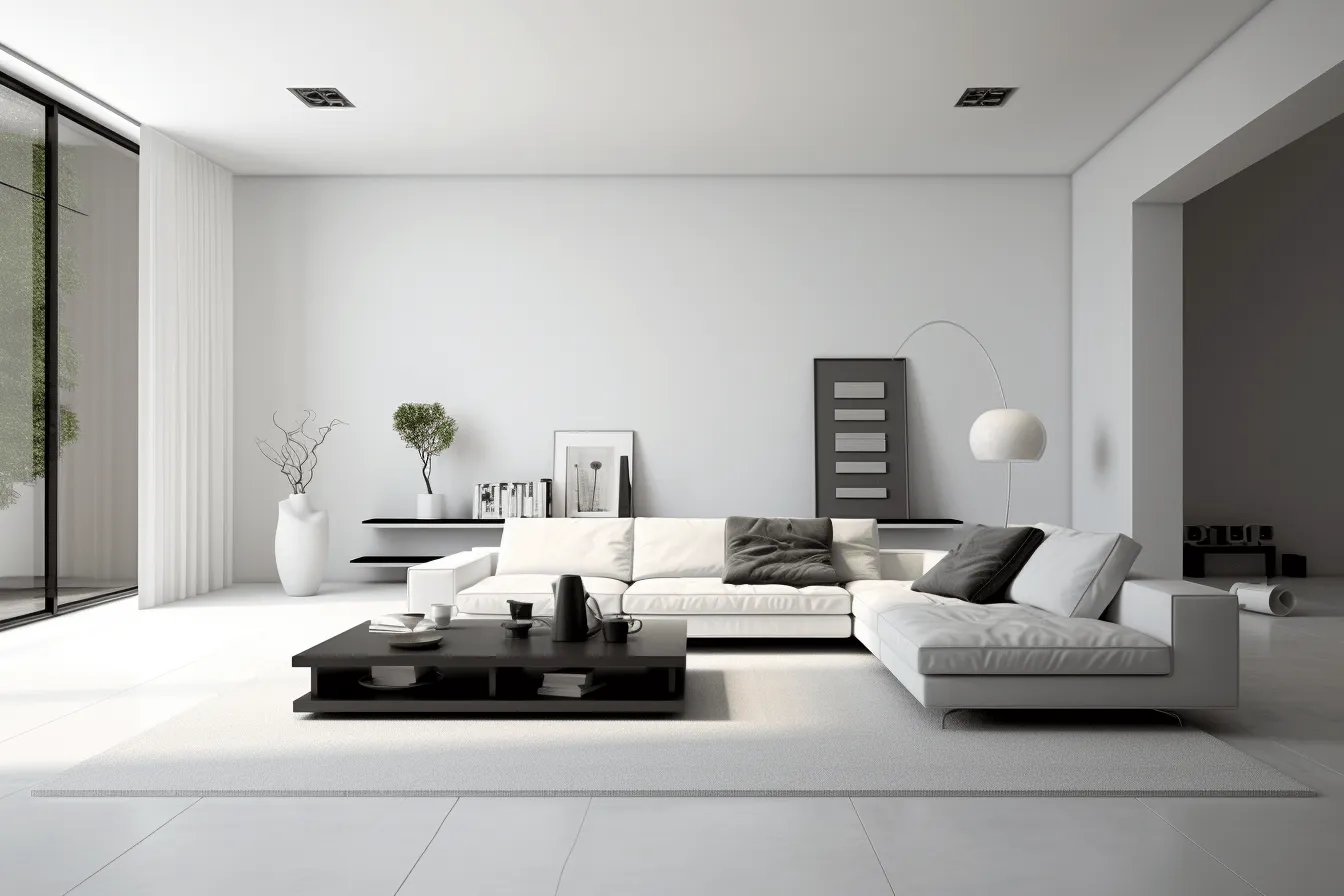 Modern white and black living room, zen minimalism, realistic lighting, tranquil serenity, minimalist staging, subdued color palette, eroded interiors, high-key lighting