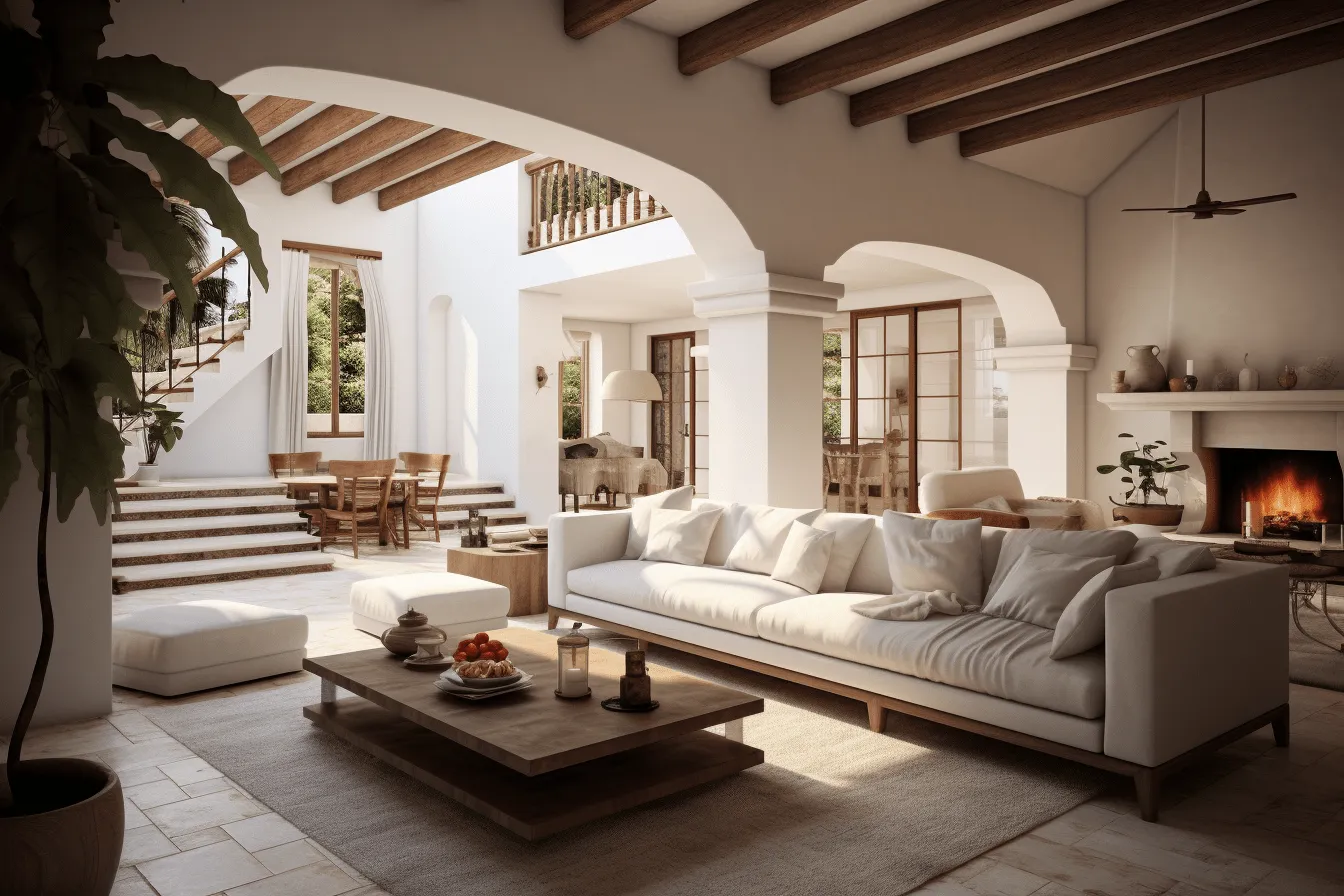 Modern, white living room in andalucia, rendered in unreal engine, traditional mexican style, timber frame construction, sunrays shine upon it, luxurious, weathercore, dark beige