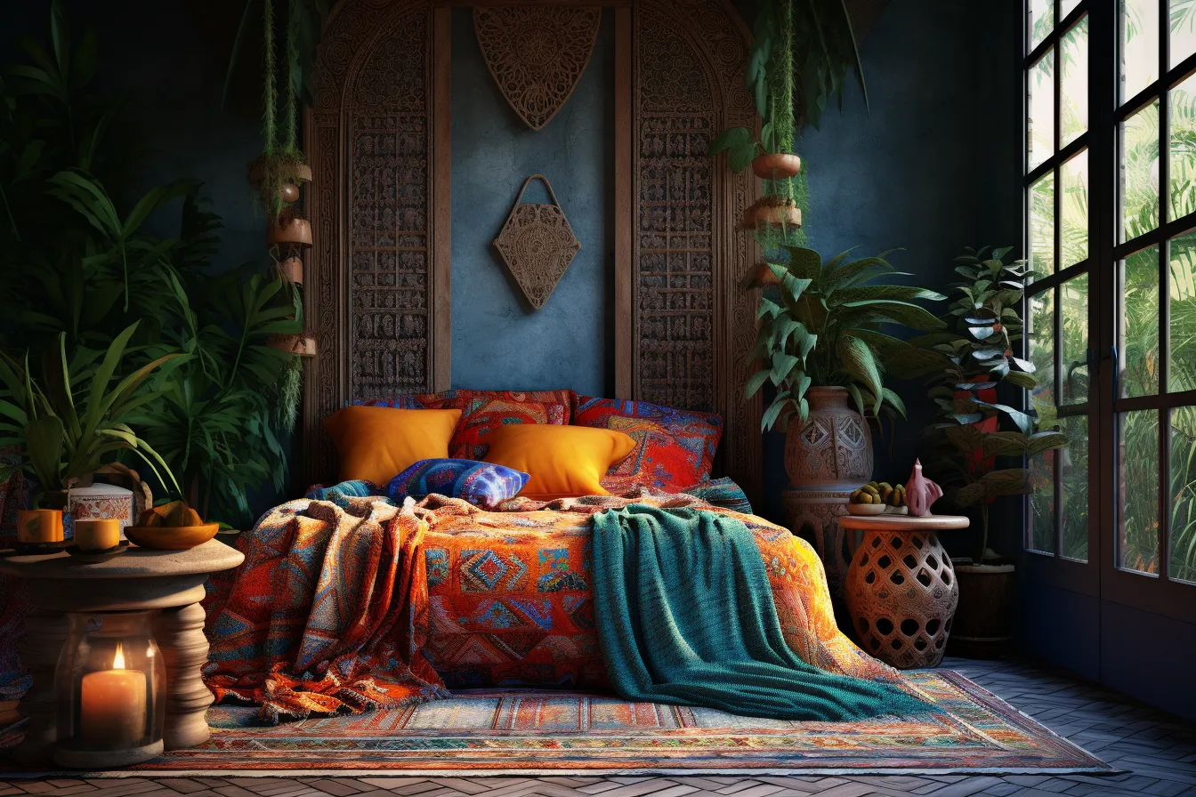 Bedroom with the pillows on the bed, dark orange and dark cyan, mysterious jungle, contemporary middle eastern and north african art, uhd image, medieval-inspired, polychrome terracotta, daz3d