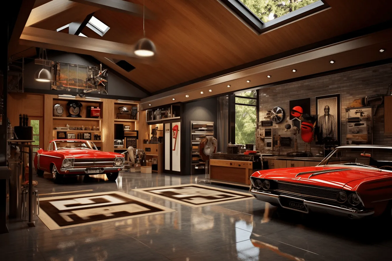Garage is full of motorcycles and a red car, realistic and hyper-detailed renderings, exquisite lighting, solarizing master, rustic charm, 32k uhd, pictorial space, intricate ceiling designs