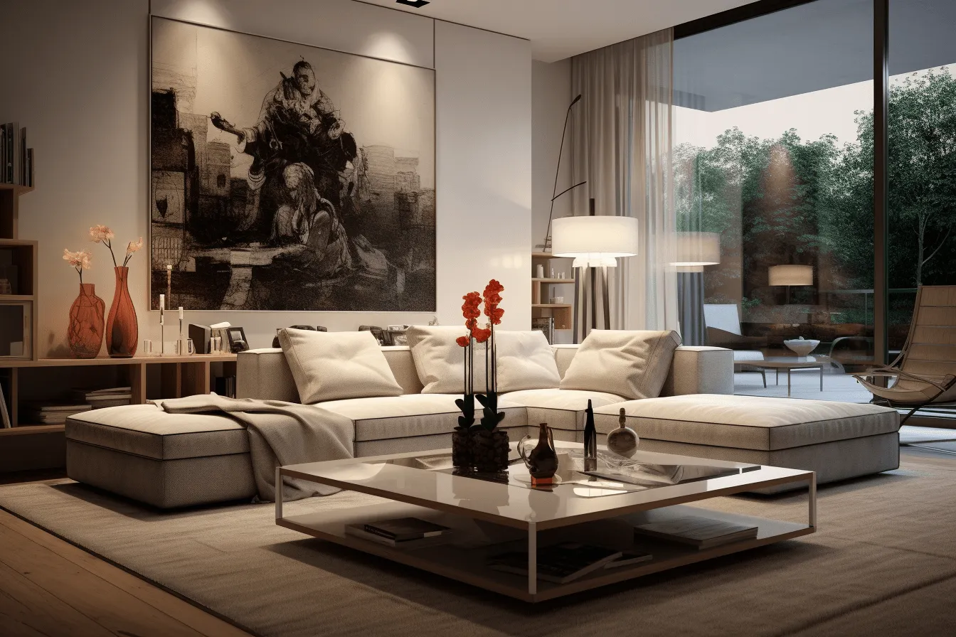 New interior design ideas of living room, rendered in unreal engine, monochromatic paintings, layered translucency, vray, meticulous realism, delicately rendered landscapes, crimson and beige
