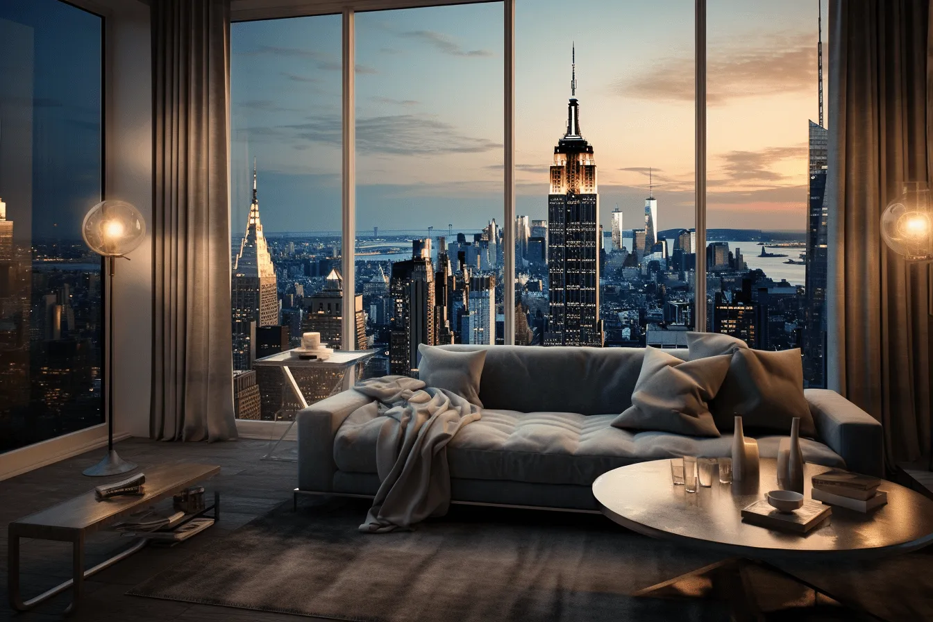 Living room with modern furniture overlooks the city buildings from large windows, realistic yet romantic, life in new york city, rich and immersive, underexposure, yankeecore, cabincore, dark white and light orange