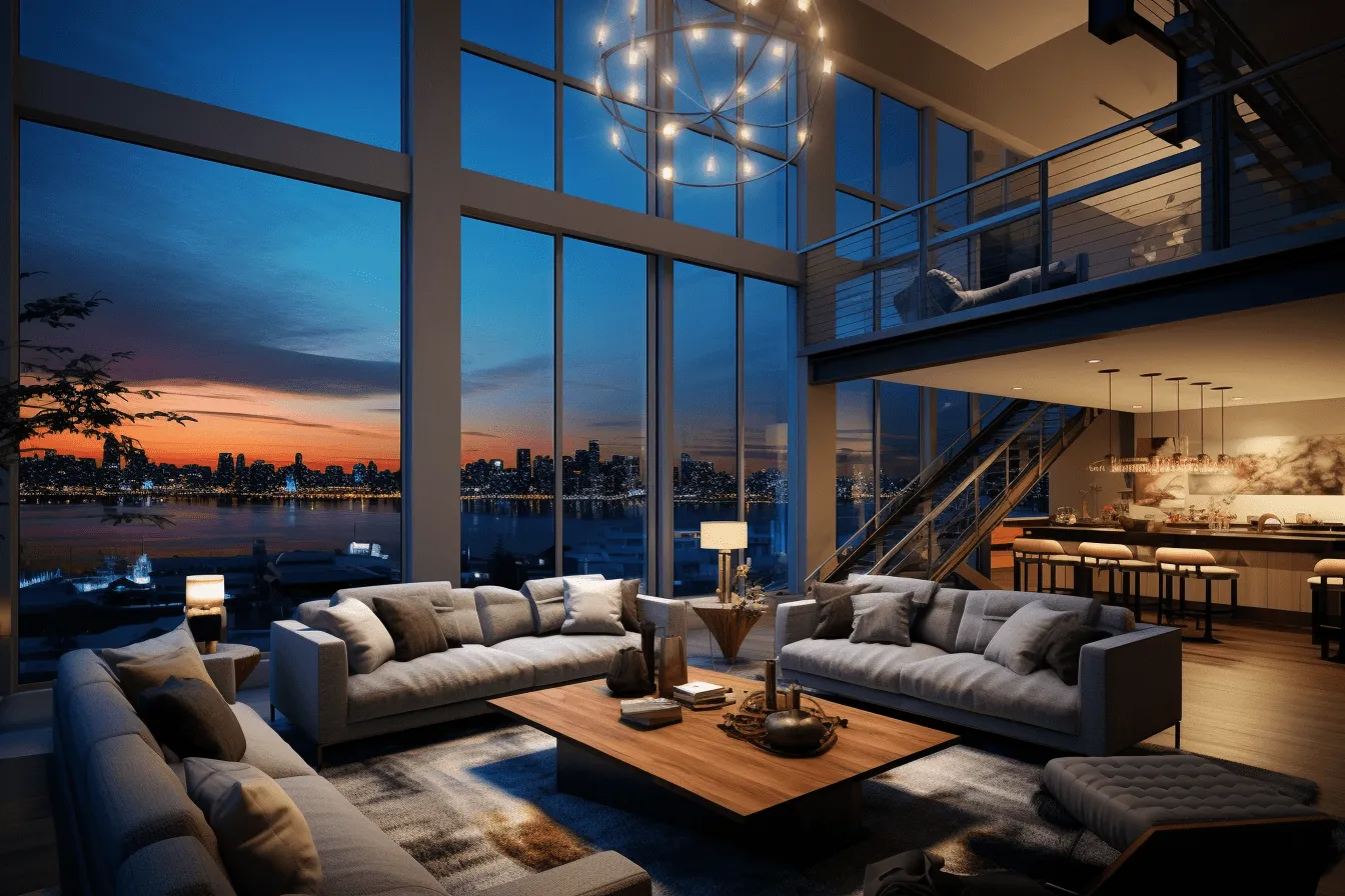 Modern living room in a highrise apartment, intense and dramatic lighting, hudson river school, tonalist skies, detailed marine views, meticulously detailed, manapunk, blown-off-roof perspective