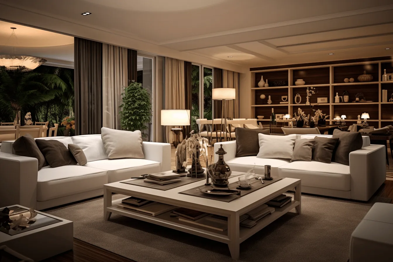 Furniture is white, richly layered, realistic lighting, sepia tone, uhd image, tranquil serenity, lively tableaus, fine detailed