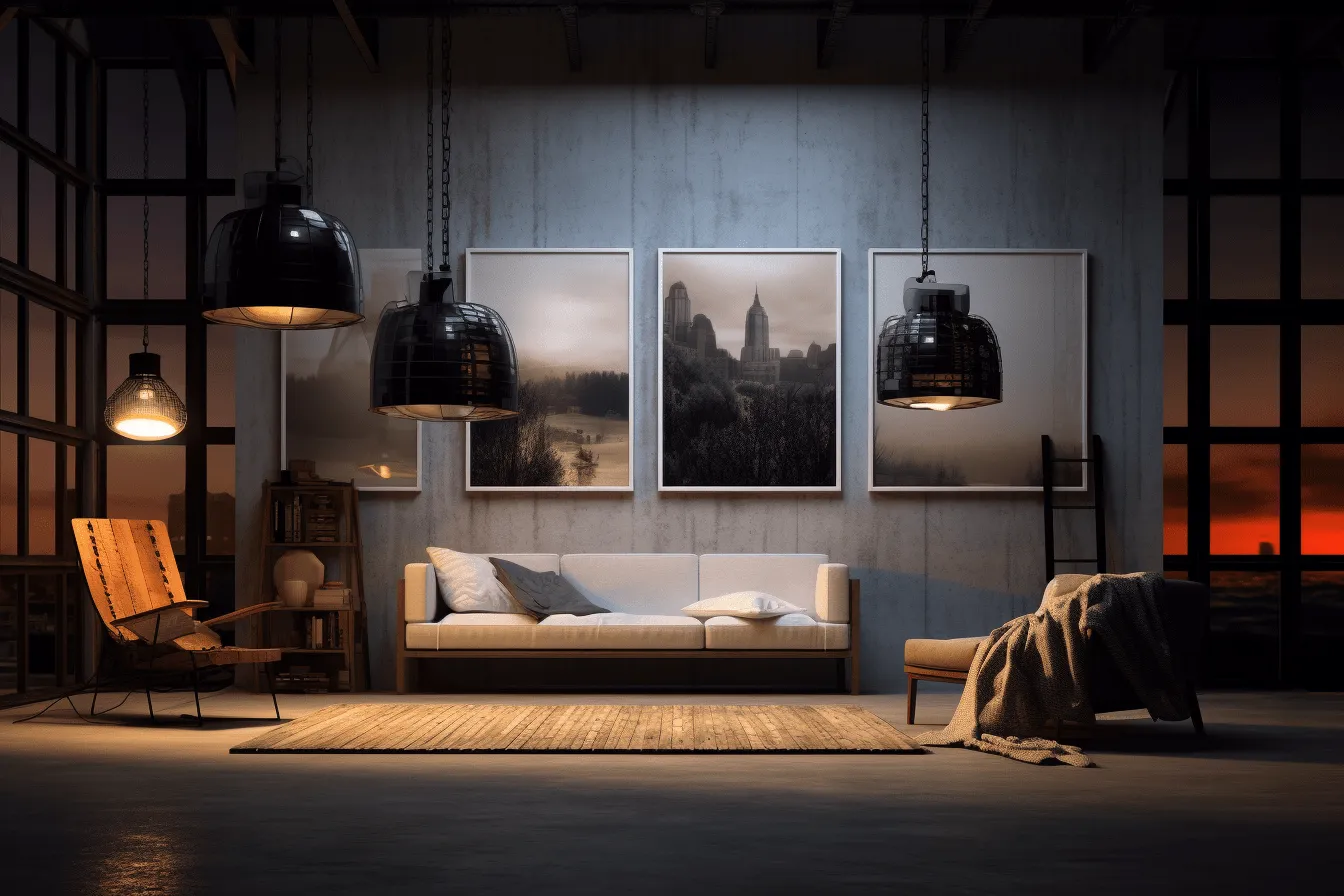 Night on the wall living room with lamps on the floor and a couch, industrial landscapes, dark gray and beige, photorealist details, architectural scenes, light indigo and black, cinematic lighting, suspended/hanging
