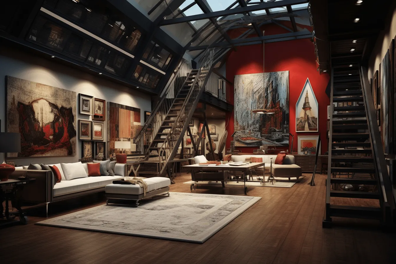 Loft style living room with a red and gold staircase, cryengine, plein-air paintings, realistic marine paintings, industrial-inspired, tonalist genius, strong lighting contrasts, precise, detailed architecture paintings
