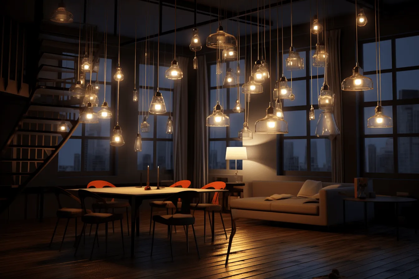 Large number of lamps in this room, daz3d, rendered in unreal engine, transparent layers, romantic chiaroscuro, uhd image, urban energy, tabletop photography