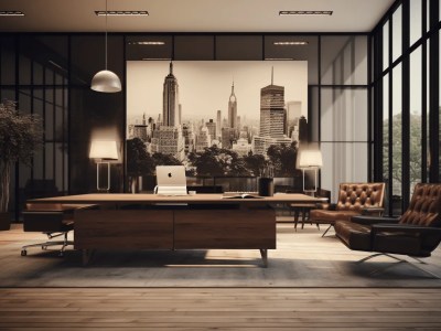 Office Has Black And Wood Furniture And A Big Picture