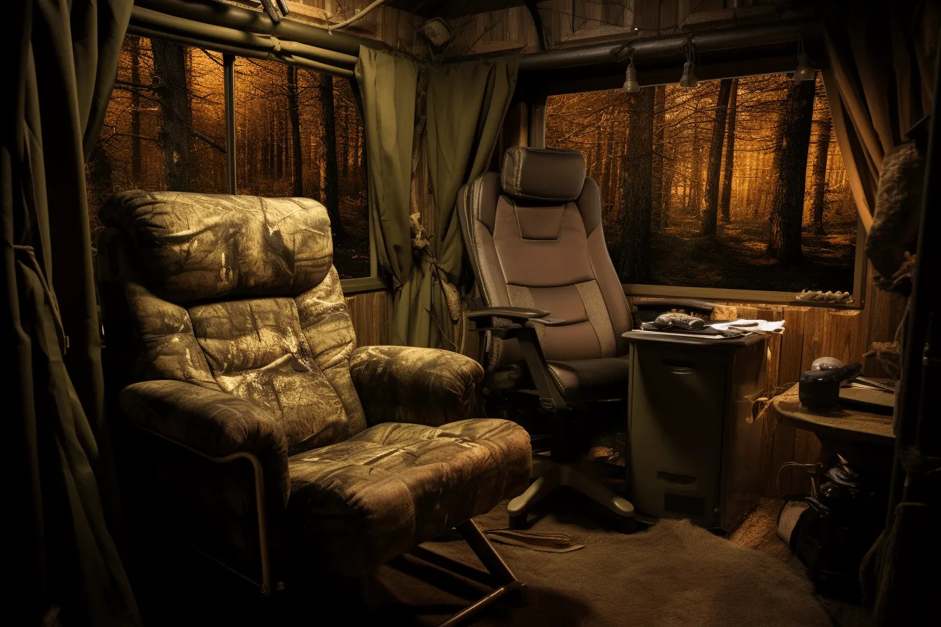 Chair and sofa in the woods, cargopunk, illuminated interiors, konica auto s3, realistic chiaroscuro, nature-inspired camouflage, leather/hide, travel
