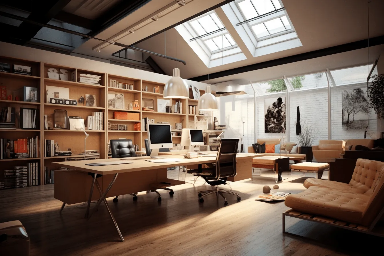 This is a very fancy office, with hardwood floors, realistic hyper-detailed rendering, solarization, solarizing master, bauhaus-inspired designs, rustic charm, softbox lighting, natural lighting