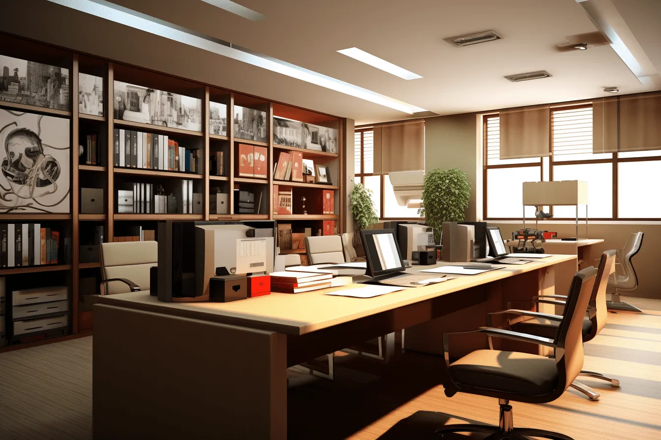 Office room is light, rendered in maya, backlight, creative commons attribution, classical architecture, bibliopunk, high detailed, precisionist